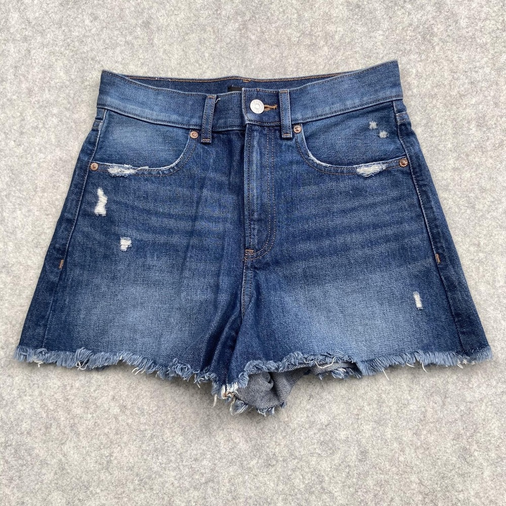 Express Shorts Womens 0 (27x2) Blue Denim Mom Super High Rise Cutoff Frayed Hem